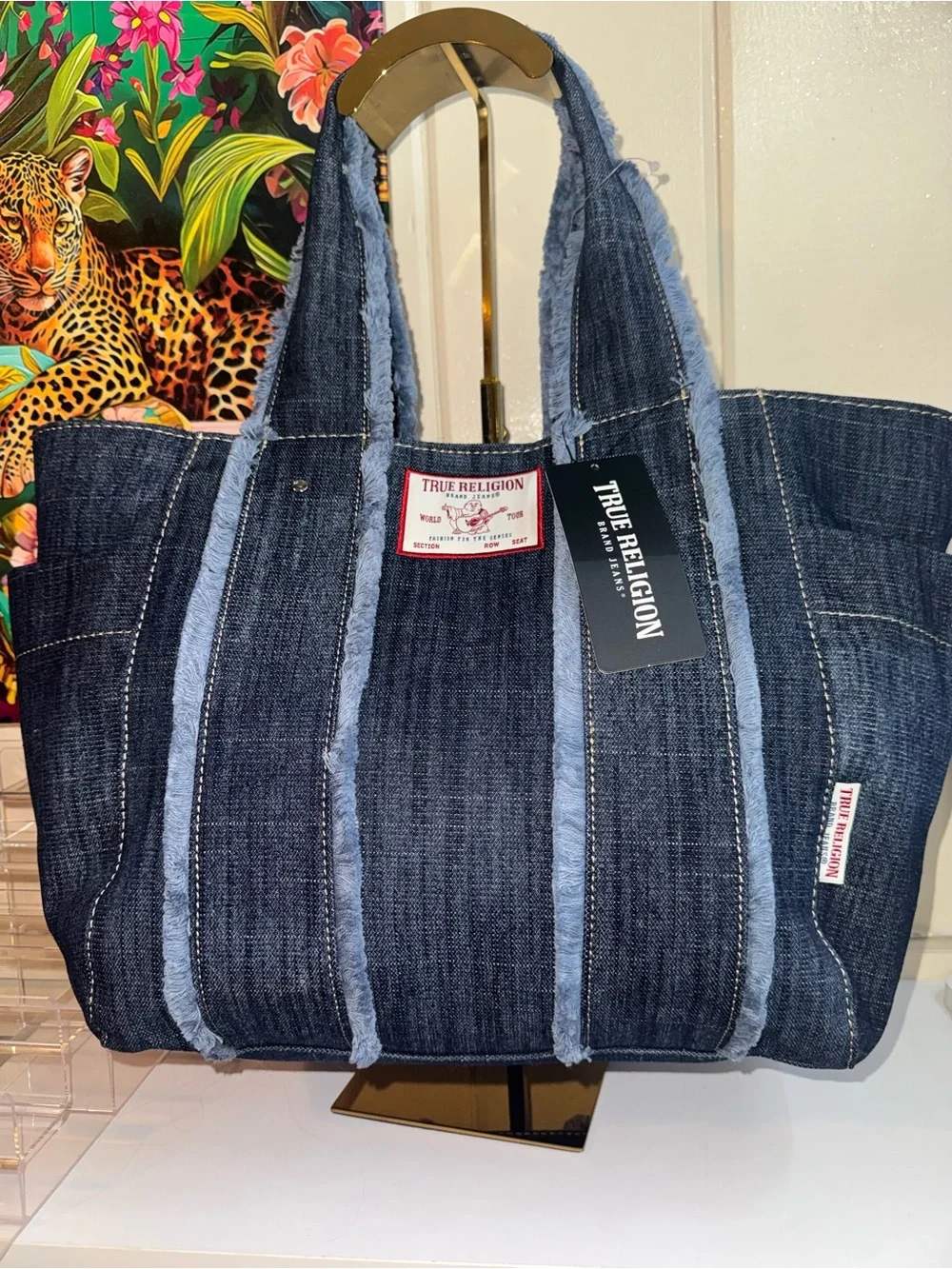 True Religion Indigo DENIM XL Tote with Light Blue Trim - Stylish All Around π - Picture 1 of 5